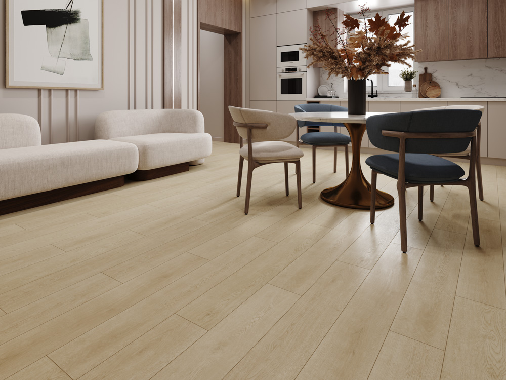 Кварцвиниловый SPC ламинат Cronafloor Grand Sequoia Дуб Амберный 1200×180×5 фото в интерьере